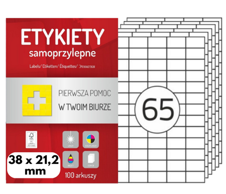 Etykiety 38x21,2 mm w arkuszach A4 - 6500 etykiet samoprzylepnych uniwersalnych do drukarek biurowych