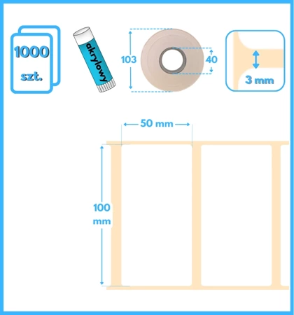 karton etykiet 100x50 mm termiczne 1000 szt.33 rol. samoprzylepne białe 